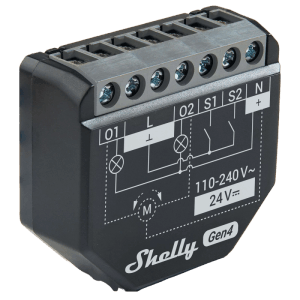 Schwarzes Shelly 2PM Gen4 Relais zur smarten Jalousiesteuerung im Hausautomationssystem.