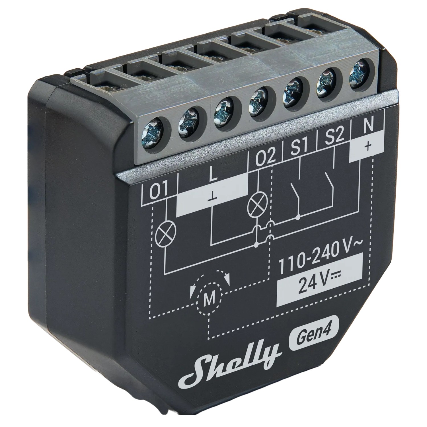 Schwarzes Shelly 2PM Gen4 Relais zur smarten Jalousiesteuerung im Hausautomationssystem.