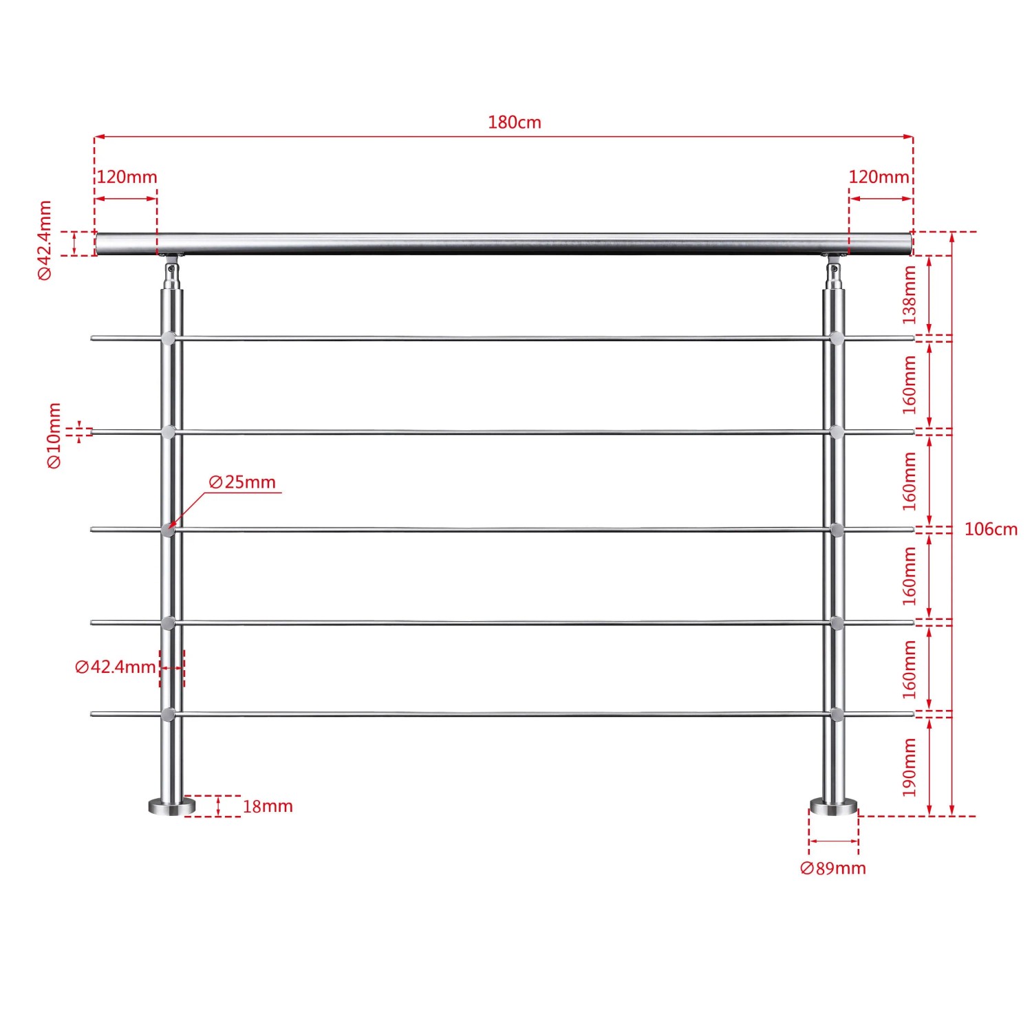 Edelstahl Geländer 180 cm mit 5 Querstäben, 2 Pfosten und Maßen. Ideal für Innen & Außen, Treppen & Geländer Zubehör.