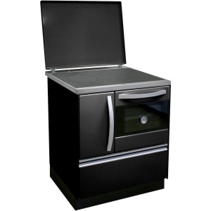 Schwarzer Firefix Küchenofen Isar Stahl mit Kochplatte und Backofen, Frontansicht.