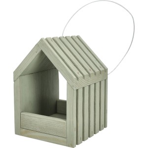 Moosgraues Vogelhaus aus Holz mit Rillendach und Aufhängedraht.