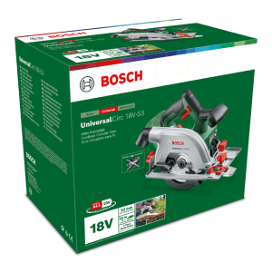 Bosch Akku-Kreissäge UniversalCirc 18V-53 im Karton, eine leistungsstarke Handkreissäge.