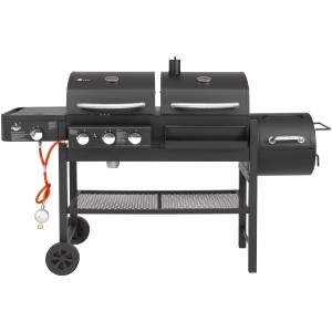 El Fuego 3in1 Kombigrill Sierra: Gas-, Holzkohle- und Smoker-Grill in Schwarz mit Ablagefläche und Rädern.