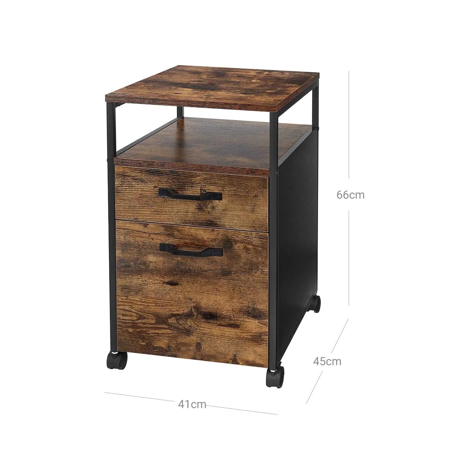 Vasagle Aktenschrank, braun-schwarz, mit Stahlgestell, zwei Schubladen und Rollen.