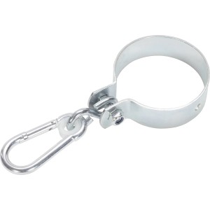 Verzinkter Manschettenhaken (Ø 100 mm) mit Karabiner zur Schaukelbefestigung an Rundrohr.