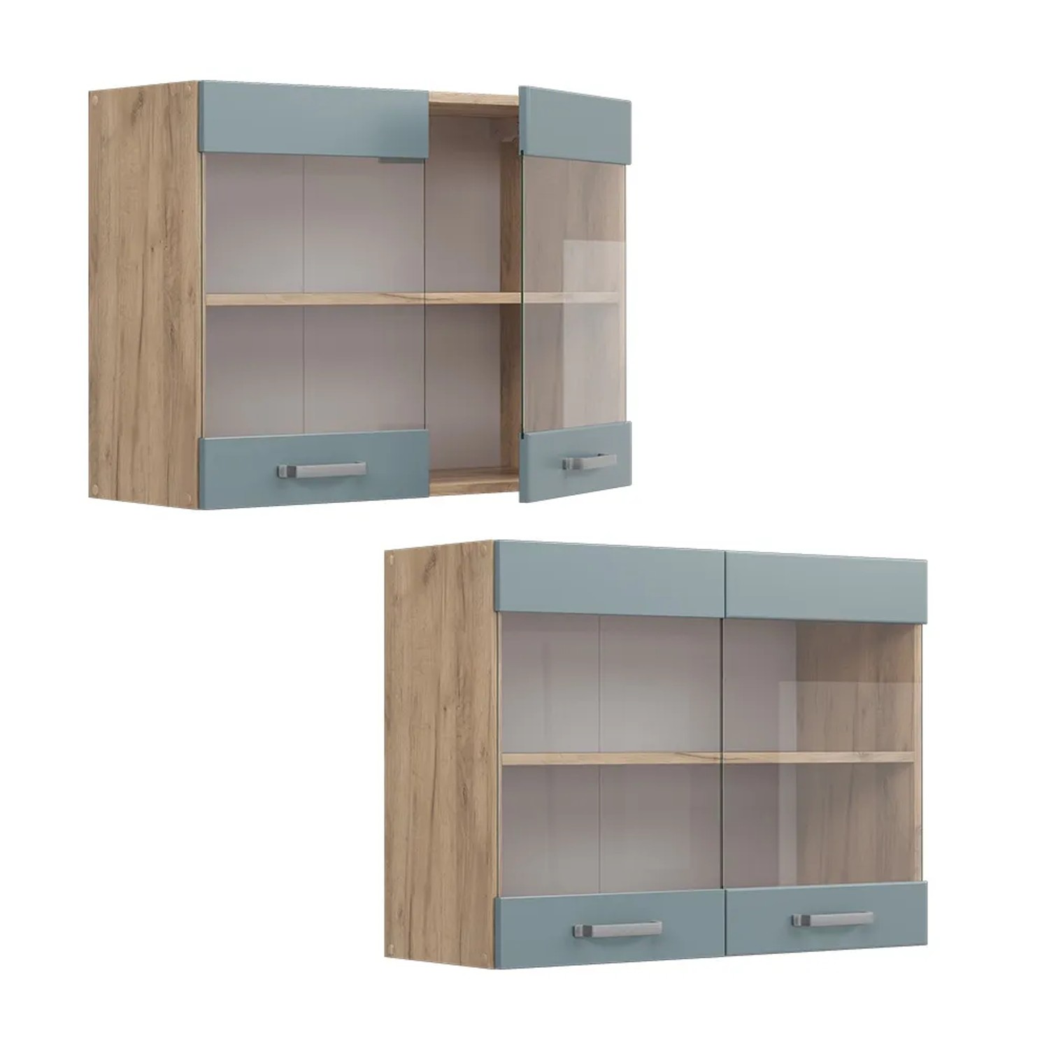 Vicco Küchenglasschrank R-Line, blau-grau/Eiche, 80 cm, mit zwei Hängeelementen.