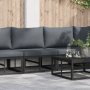 Schwarzes 4-teiliges Garten-Sofa-Set aus Aluminium mit grauen Kissen und Tisch.