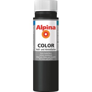Alpina Color Night Black, seidenmatte Abtönfarbe in einer 250 ml Flasche.