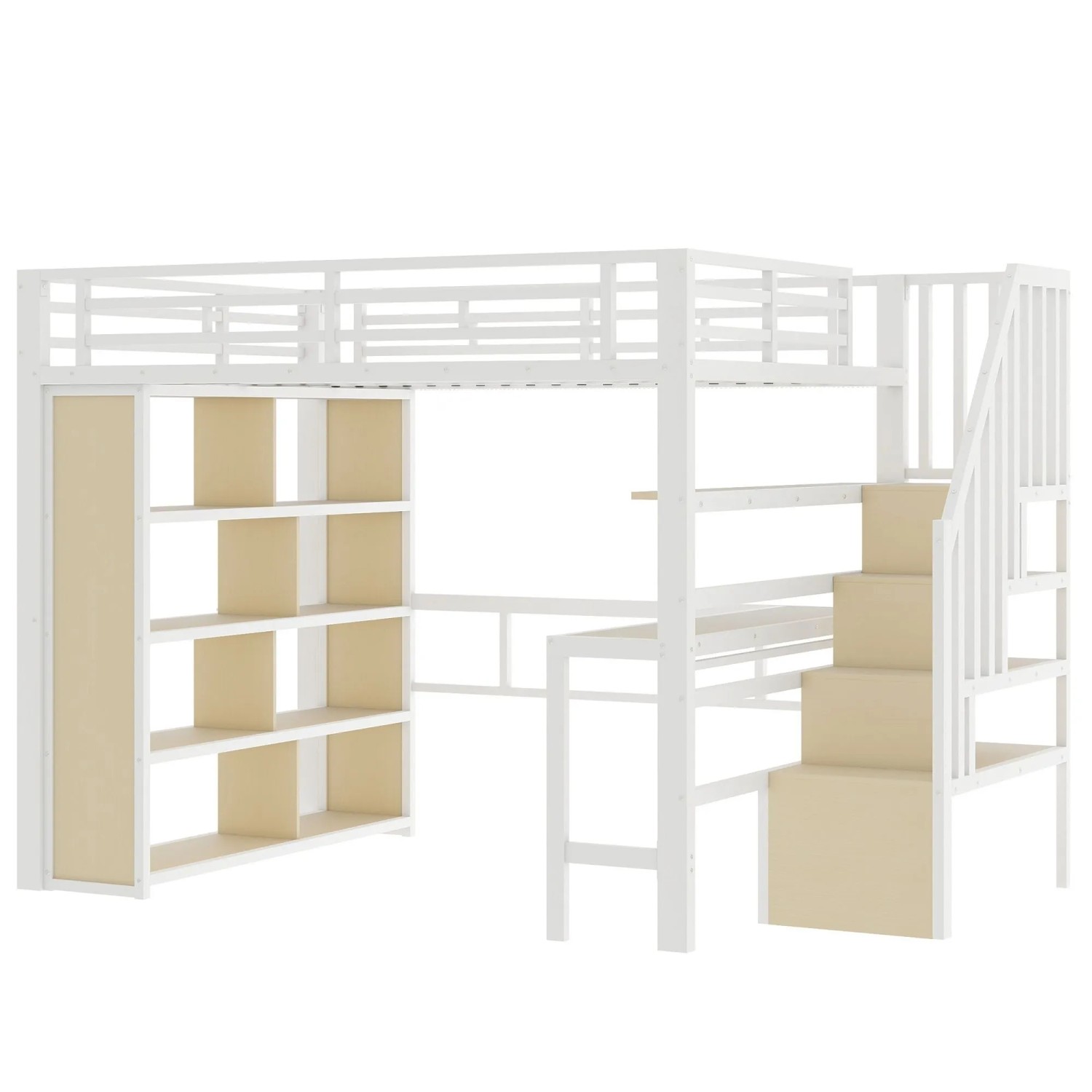 okwish Metall Hochbett 140x200cm mit Schreibtisch und LED Lichtleiste Weiß ohne Matratze