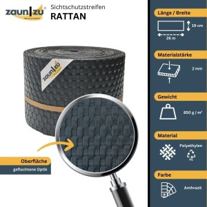 zaunzu Rattan Sichtschutzstreifen, 26m Rolle, Anthrazit. Zubehör für Zaunbau.