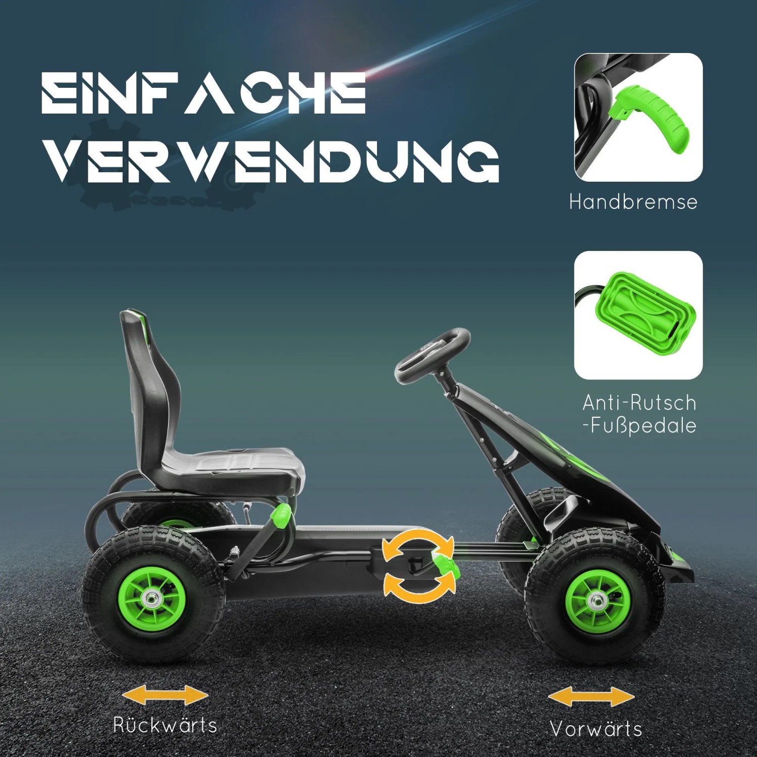 HOMCOM Gokart Kinderfahrzeug, schwarz-grün, mit Pedalen, Gummireifen, Handbremse und verstellbarem Sitz.