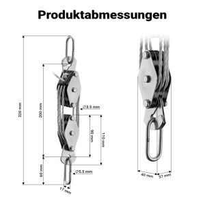 Xpotool Flaschenzug: Technische Zeichnung mit Abmessungen der Umlenkrollen, Seil und Haken. Handseilwinde 180kg.