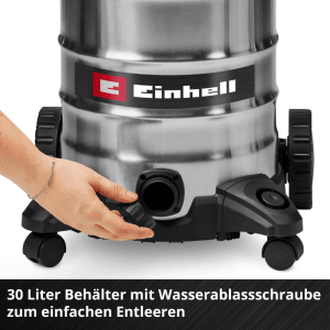 Einhell Nass-Trockensauger mit 30 l Edelstahlbehälter; Hand öffnet Wasserablassschraube zum einfachen Entleeren.