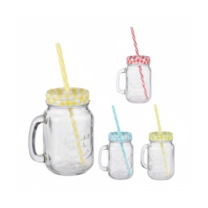 Relaxdays Trinkgläser 4er Set Glas Transparent mit Schraubdeckel und Strohhalm 13,5 cm x 11 cm x 8 cm