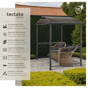 Grauer Tectake Grillpavillon Asado mit Ablagen und Dach für Wetterschutz und gute Luftzirkulation.