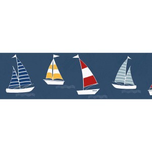 Grafik Kindertapete mit Segelbooten in Blau, Rot und Gelb.
