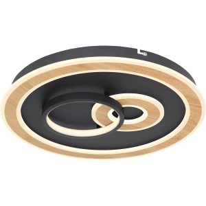 Smarte LED-Deckenleuchte Chessy, schwarz matt mit Holzoptik, dimmbar und per App steuerbar.