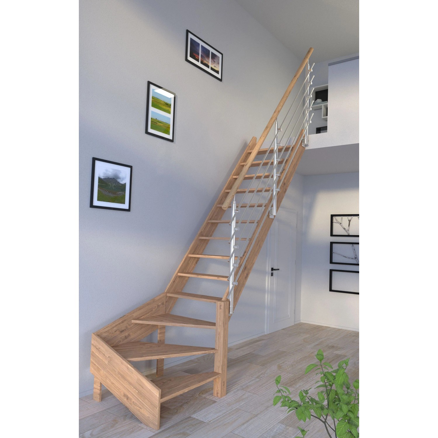 StarWood Treppe Rhodos Eiche, gewendelt, mit Edelstahl-Designgeländer. Offene Holztreppe für den Innenbereich.