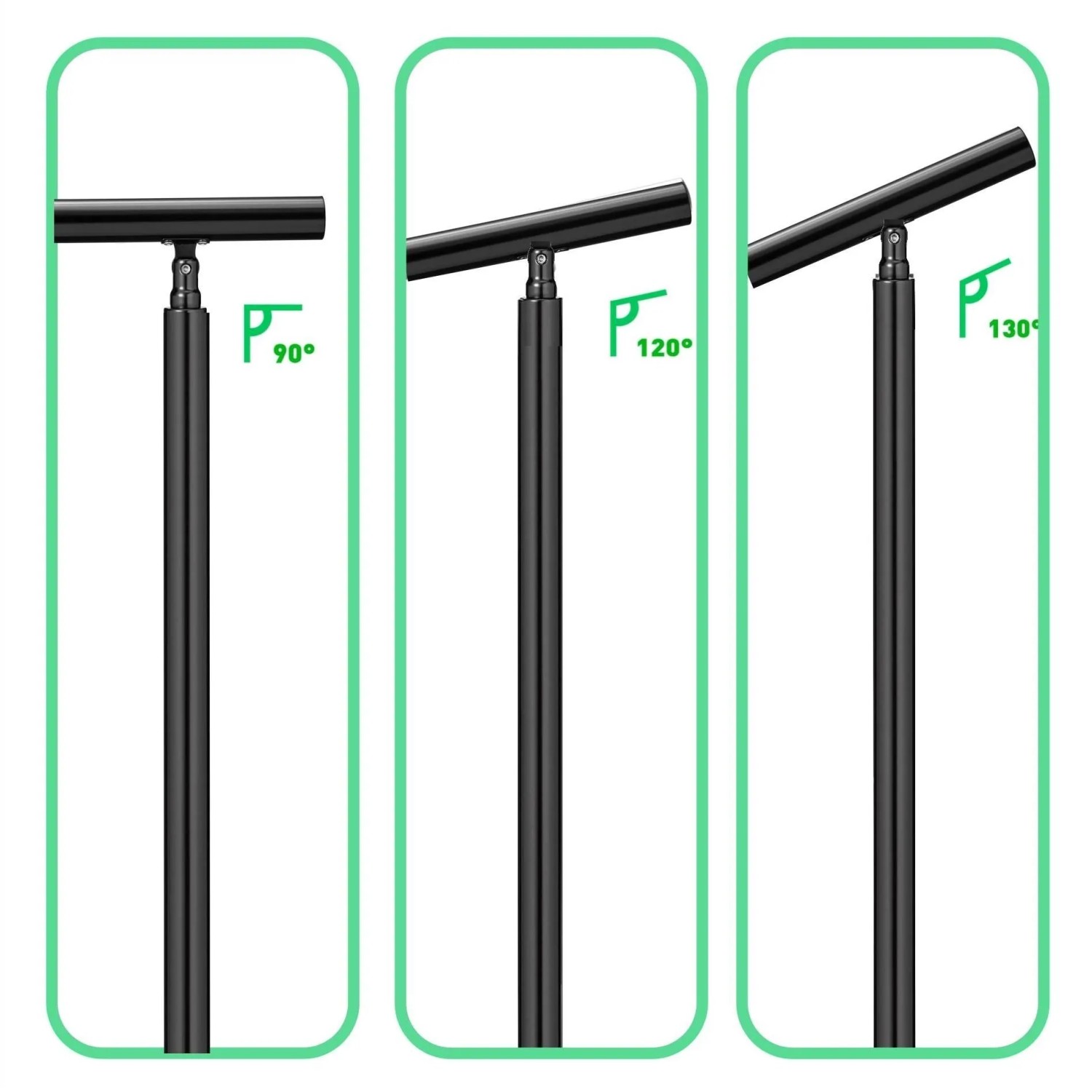 Schwarzes Edelstahlgeländer: Handlauf-Winkel verstellbar für Treppen & Steigungen (90°, 120°, 130°). Robustes Zubehör für Innen & Außen.