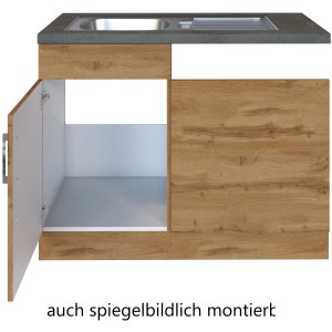 Held Möbel Spülzentrum Sorrento, 110cm, Wotaneiche Dekor mit Spüle und einer offenen Tür.