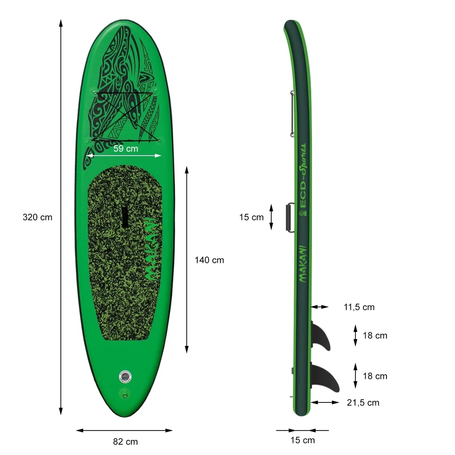 Grünes ECD Germany Stand Up Paddle Board Makani, 320 cm, mit Maßangaben.