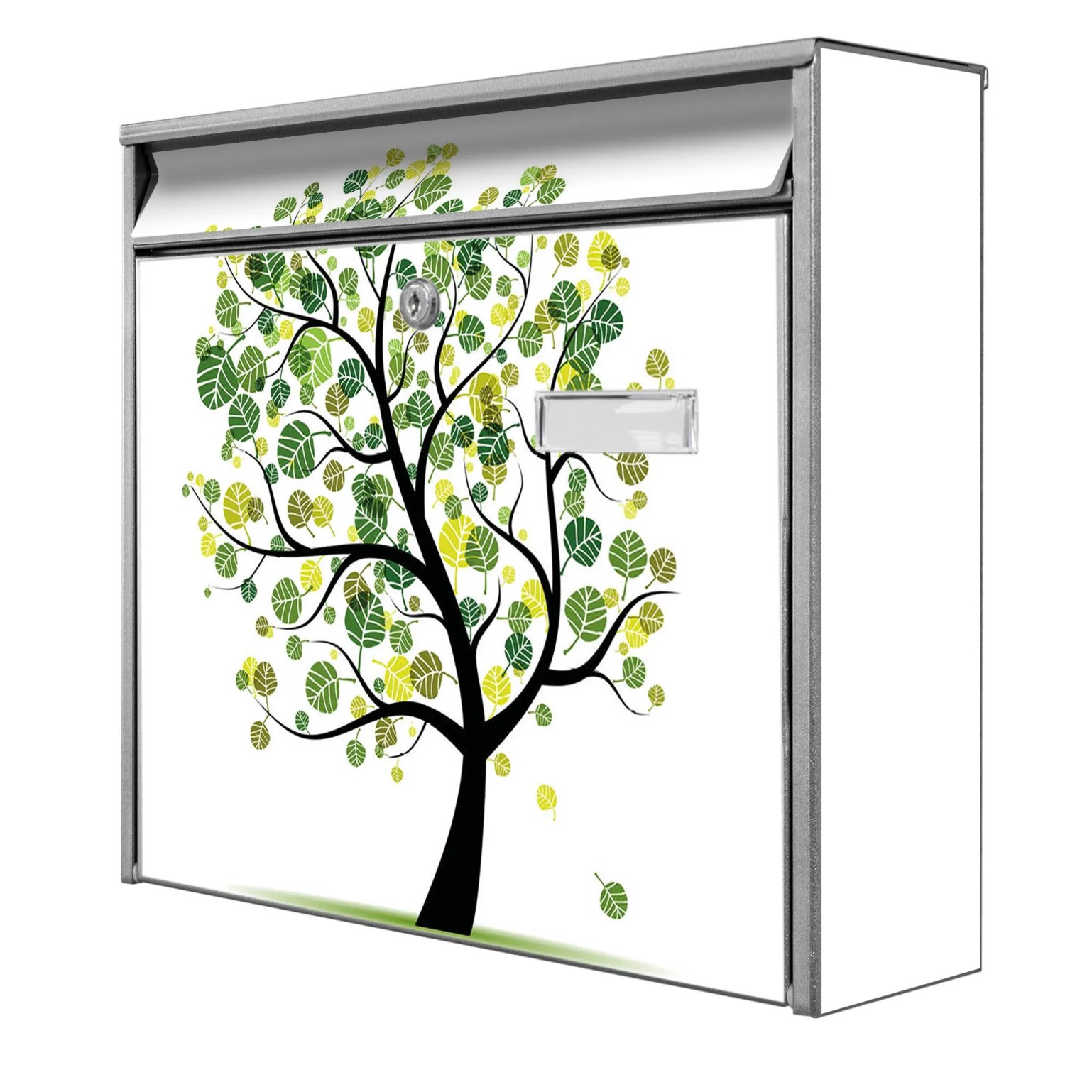 Banjado Briefkasten Silber 36.2x32.2x10cm Groß / Inkl. Montagematerial & 2 Schlüsseln / Mit Namensschild Motiv Wt Laubzauberbaum