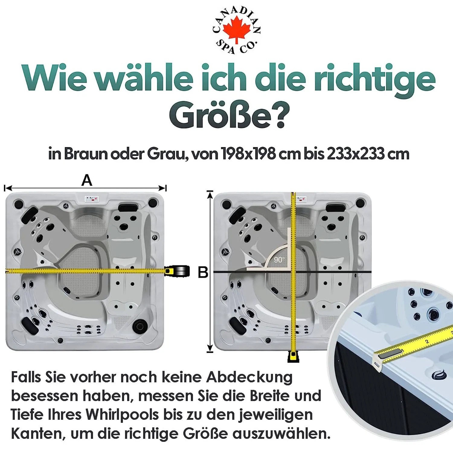 Anleitung: Whirlpool-Größe messen für Canadian Spa Isolierabdeckung (Grau, 203x203cm).