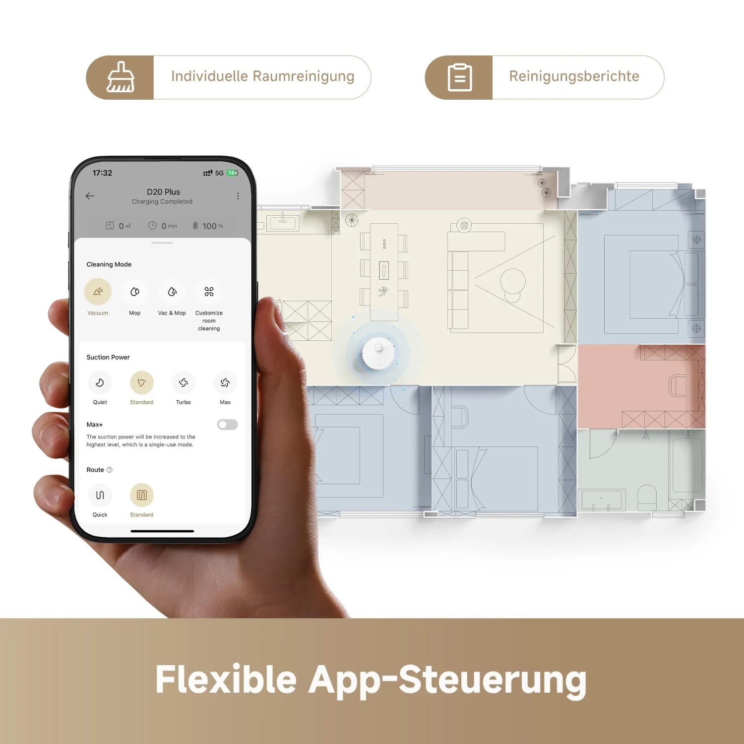 Dreame Saugroboter D20 Plus mit App-Steuerung und Raumplanansicht.
