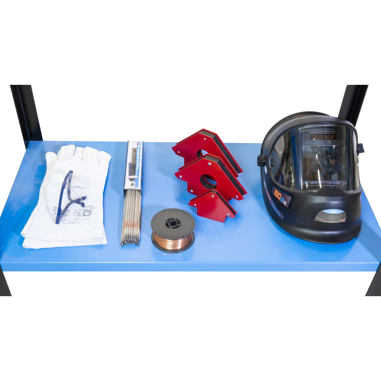 Zubehör auf Güde Schweißtisch MST 915 plus: Schweißhelm, Elektroden, Handschuhe, Winkelmagnete, Drahtspule.