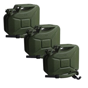 3 olivgrüne TRUTZHOLM Kraftstoffkanister aus Metall, je 10 Liter, mit Ausgießer und Halter.
