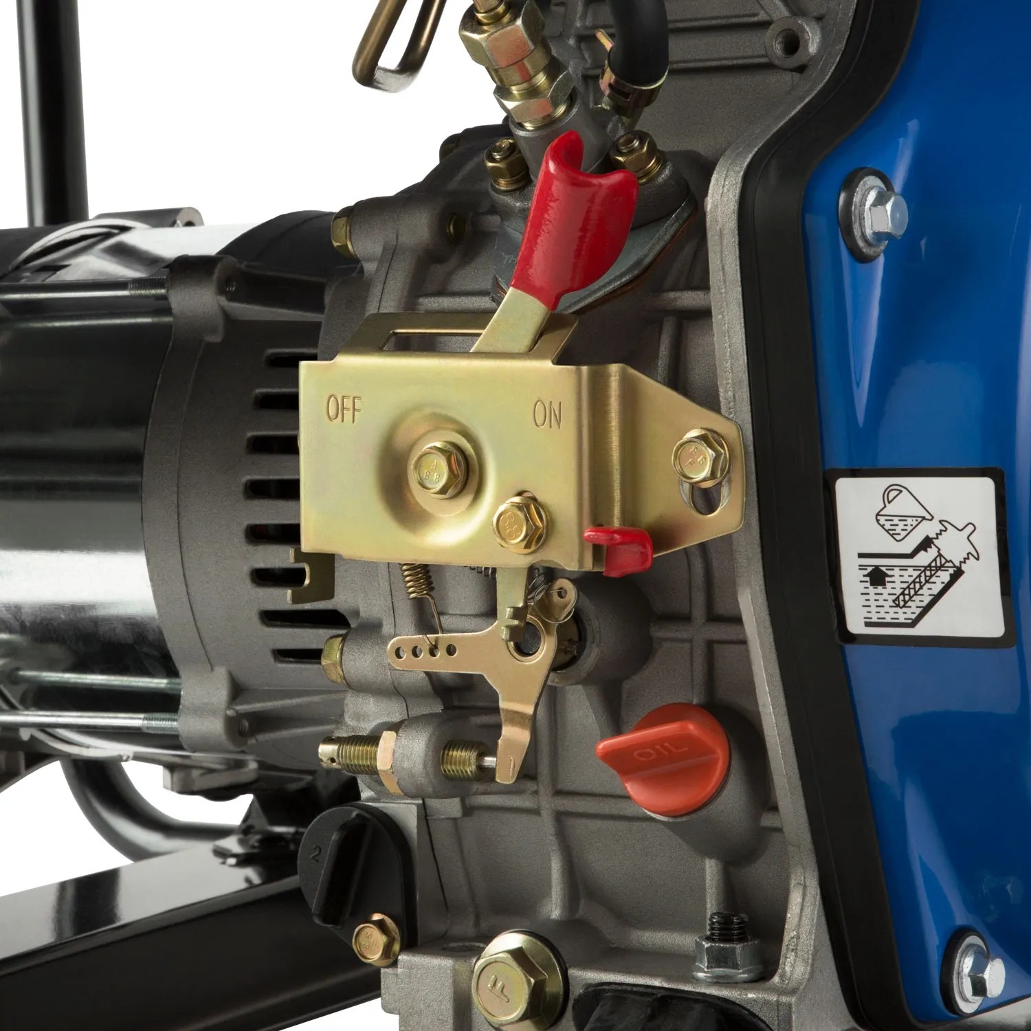 Detailaufnahme: EBERTH Diesel Stromerzeuger, 2000 Watt, mit Schalter und Öldeckel.
