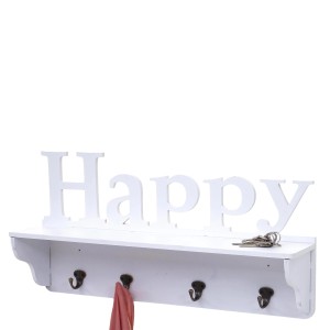 Weiße MCW Wandgarderobe "Happy" mit 4 Haken und Ablagefläche.