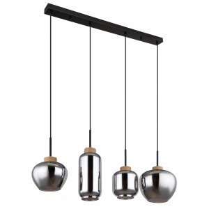 Globo Hängeleuchte, 4-flammig, schwarz/rauchfarben/natur. Pendelleuchte mit unterschiedlichen Glasformen.