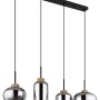 Globo Hängeleuchte, 4-flammig, schwarz/rauchfarben/natur. Pendelleuchte mit unterschiedlichen Glasformen.