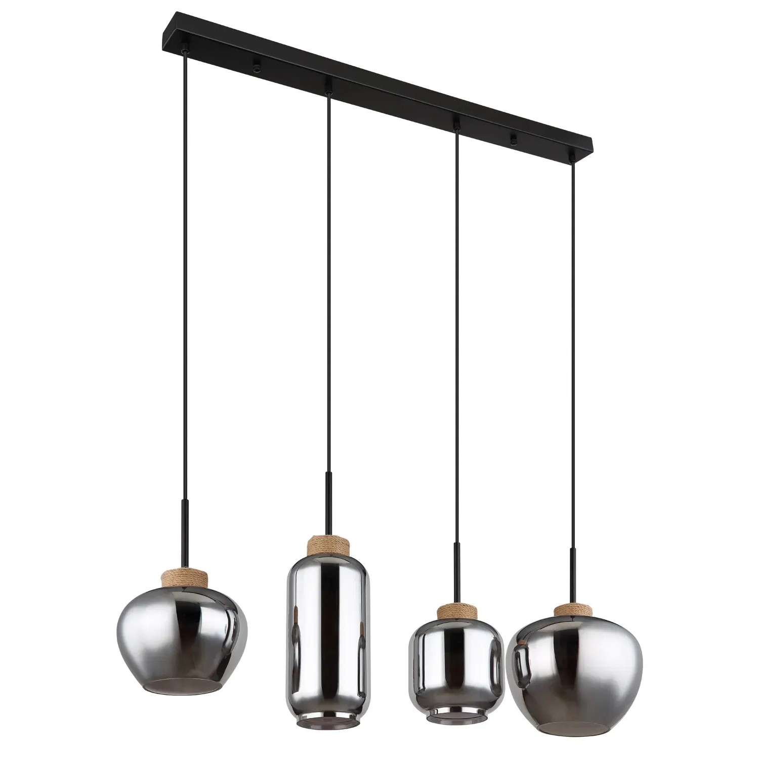 Globo Hängeleuchte, 4-flammig, schwarz/rauchfarben/natur. Pendelleuchte mit unterschiedlichen Glasformen.