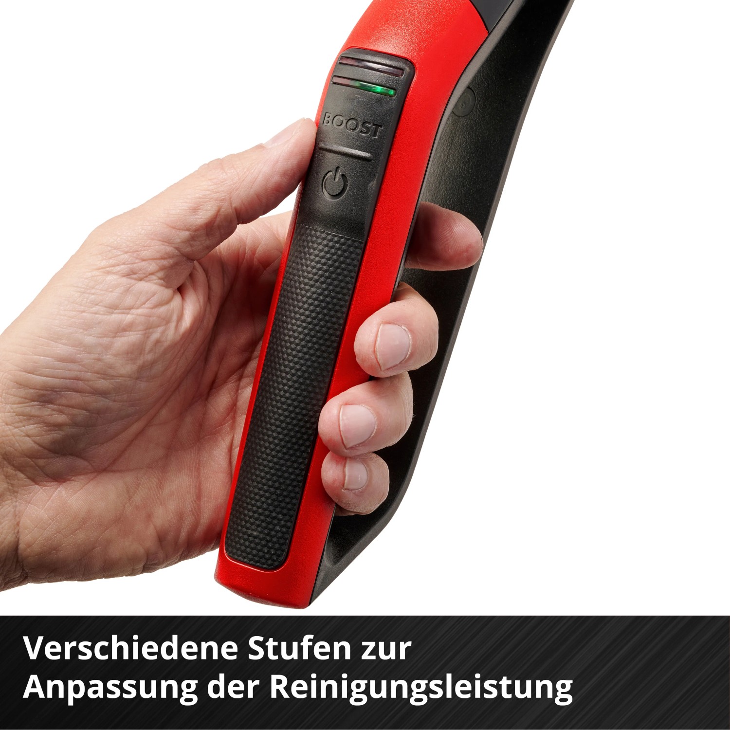 Hand hält Einhell Akku-Hartbodenreiniger Cleanexxo mit Boost-Funktion.