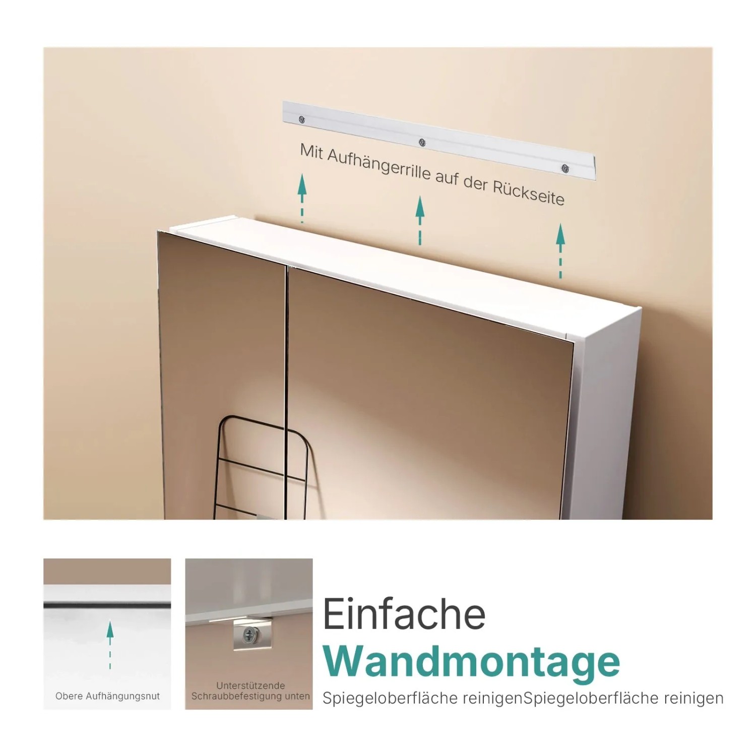 Weißer Emke Spiegelschrank 50x65cm mit Montageleiste zur Wandbefestigung.