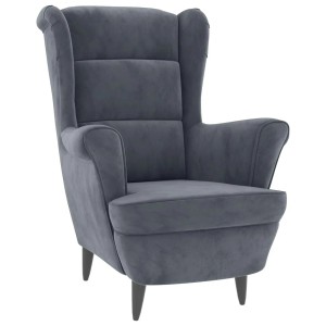 Dunkelgrauer Ohrensessel mit Hocker aus Samt, ideal zum Relaxen.