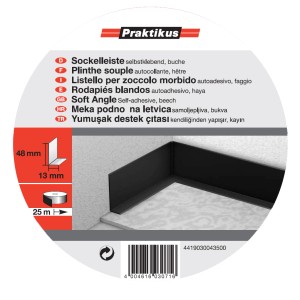 Selbstklebende Knickwinkel Sockelleiste aus Buche, 48x13mm, 25m Länge.