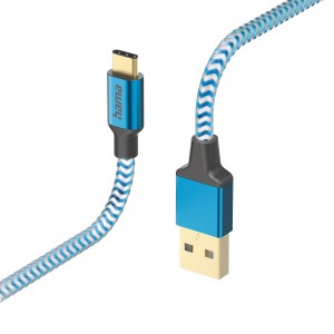 Blaues Hama Ladekabel, USB-A auf USB-C, 1,5 m, mit reflektierendem Nylongeflecht.
