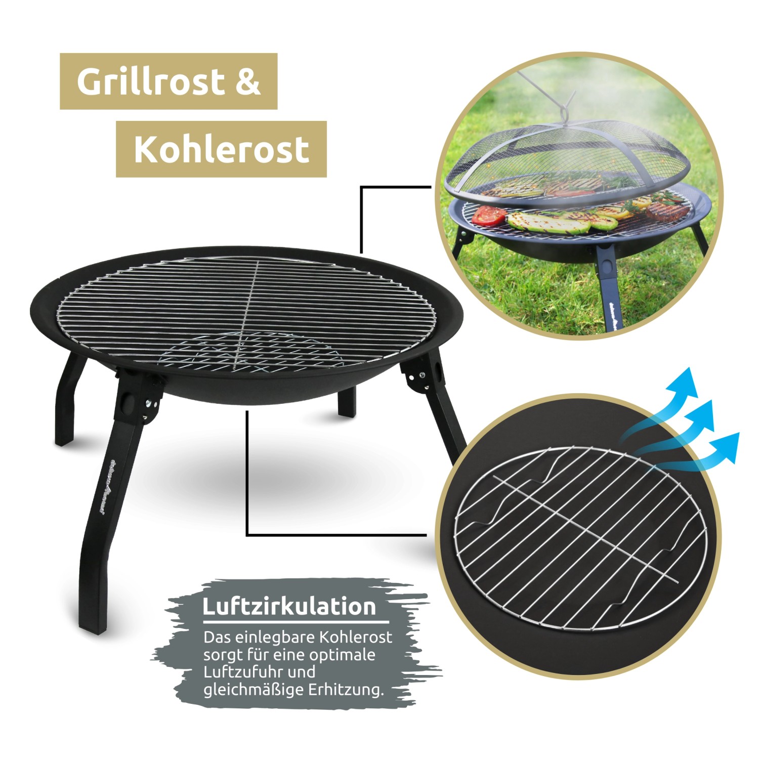 deluxe4home XL Feuerschale mit Grillrost und Funkenschutzdeckel