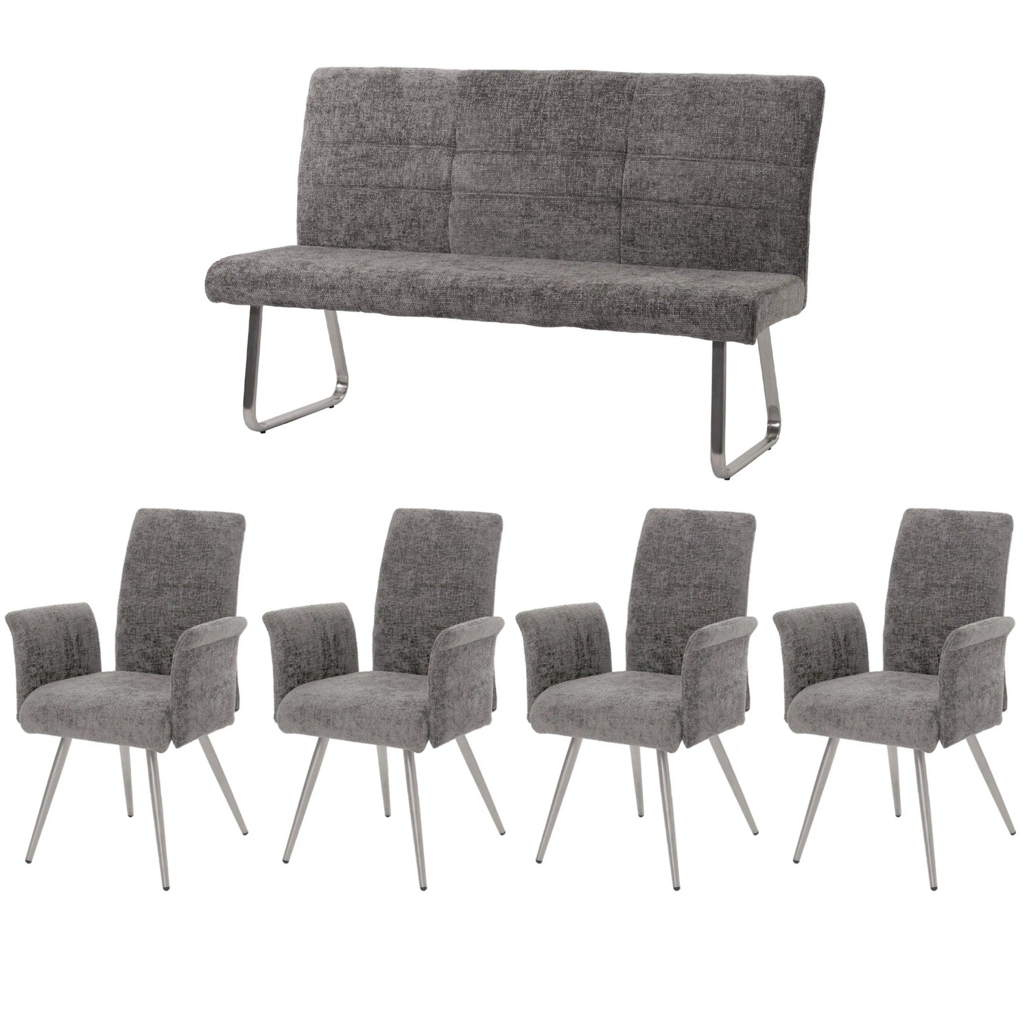 MCW Esszimmer-Set G55 4er-Set Stuhl mit Armlehne+Sitzbank 160cm 5-teilig Stoff Chenille Dunkelgrau