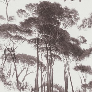 Matt-schwarze Wald-Tapete von PROFHOME mit weißen Bäumen, 0,53x10,05m.