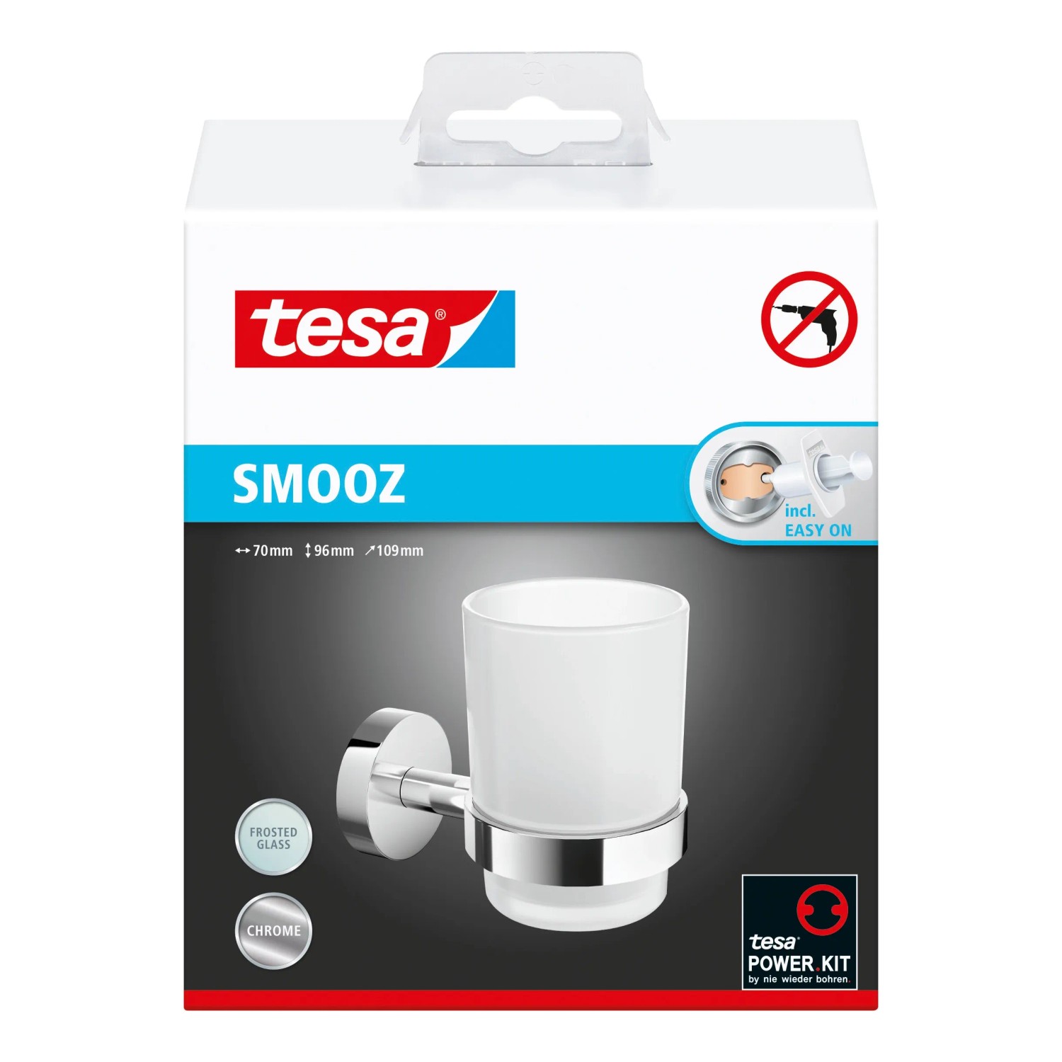 Tesa Smooz Zahnputzbecher mit Klebelösung in Chrom, zur Wandmontage ohne Bohren.