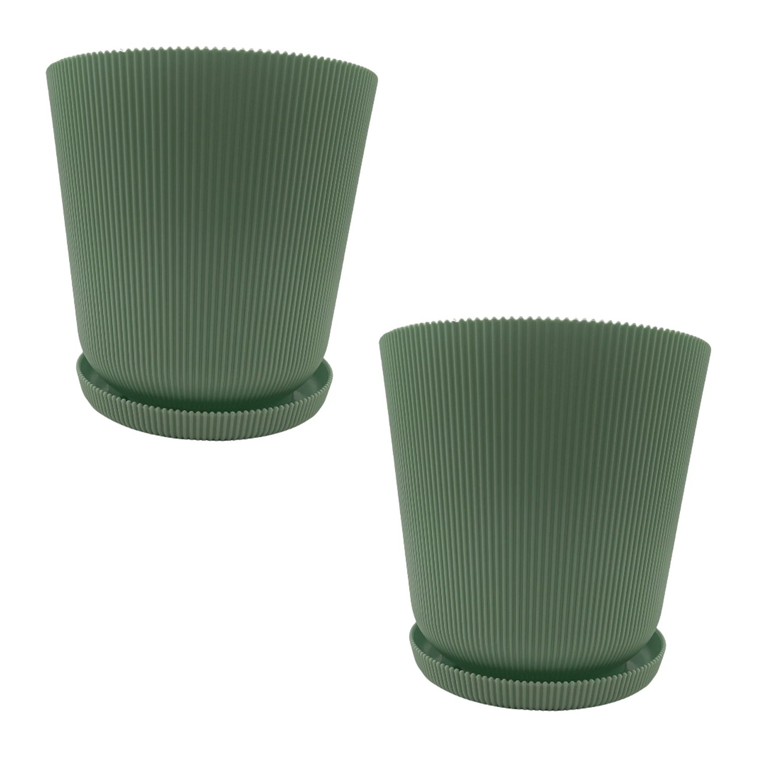 Relaxdays Blumentöpfe mit Untersetzern 2er Set Kunststoff Salbei Rund Gerippt 20 cm x ø 20 cm Untersetzer ø 17 cm 0,54 kg