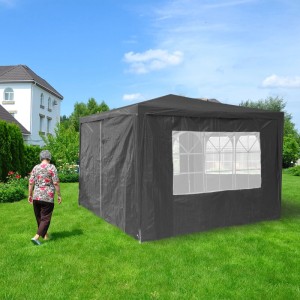 Graue Pavillon Seitenwand mit Gitterfenster im Garten. 4er Set Zeltseitenteile aus PE/PVC.