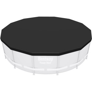 Graue Flowclear Pool Abdeckplane (427x427 cm) auf rundem Bestway Power Steel Pool.