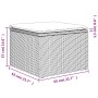 Skizze eines beigen Gartenmöbel-Moduls aus Rattan mit Kissen und Maßangaben.