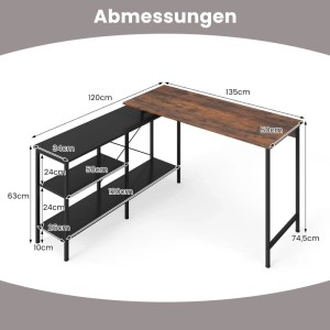 Costway L-Förmiger Schreibtisch Wendbar mit 2 Regalen & CPU-Ständer