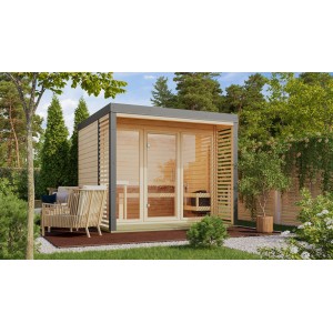 Karibu Saunahaus Seros 3 mit Ofen, naturbelassen/graualuminium, mit Terrasse im Garten.